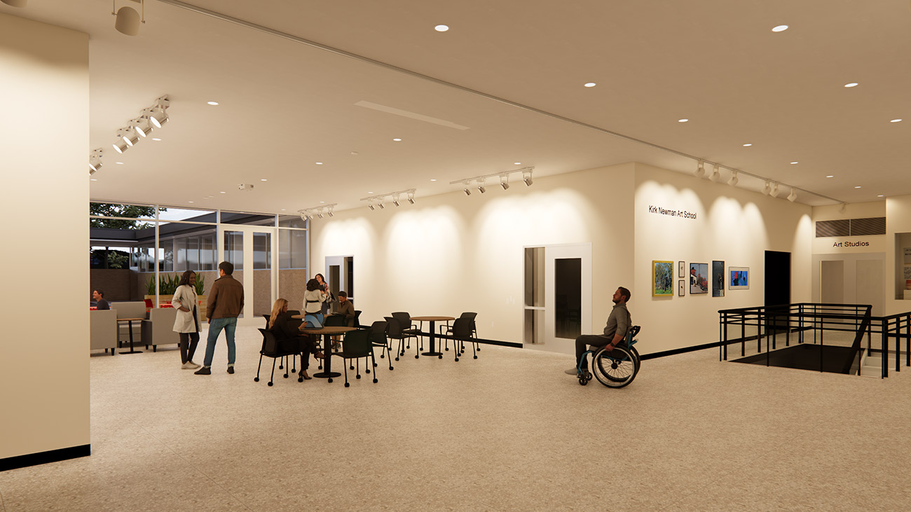 KIA visitors gather in the expanded creative commons in a rendered image of the KIA with tables and chairs between white walls.