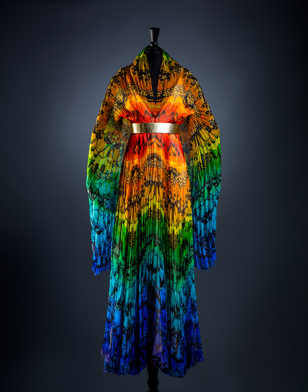 Alexander McQueen, Rainbow moth print dress La Dame Bleue, Spring/Summer 2008. Photo by Barrett Barrera Projects. Courtesy of Barrett Barrera Projects. Alexander McQueen, Rainbow moth print dress La Dame Bleue, Spring/Summer 2008. Photo by Barrett Barrera Projects. Courtesy of Barrett Barrera Projects.